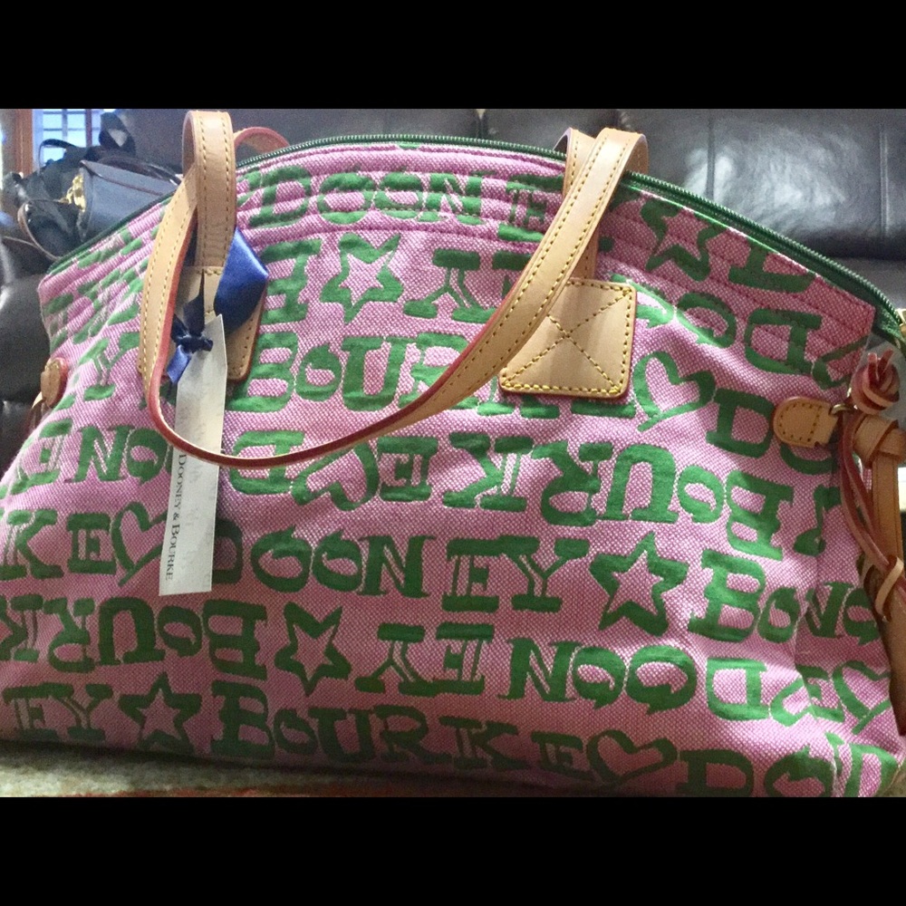 Dooney & Bourke Pink and Green Logo Canvas Tote / Tags Are Now Off Of The Bag